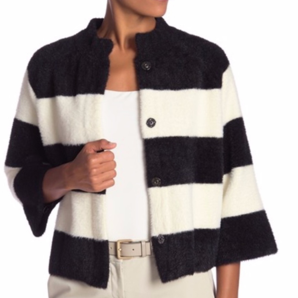 MELLODAY Mock Neck Broad Stripe Black White Fuzzy Cardigan Button Jacket